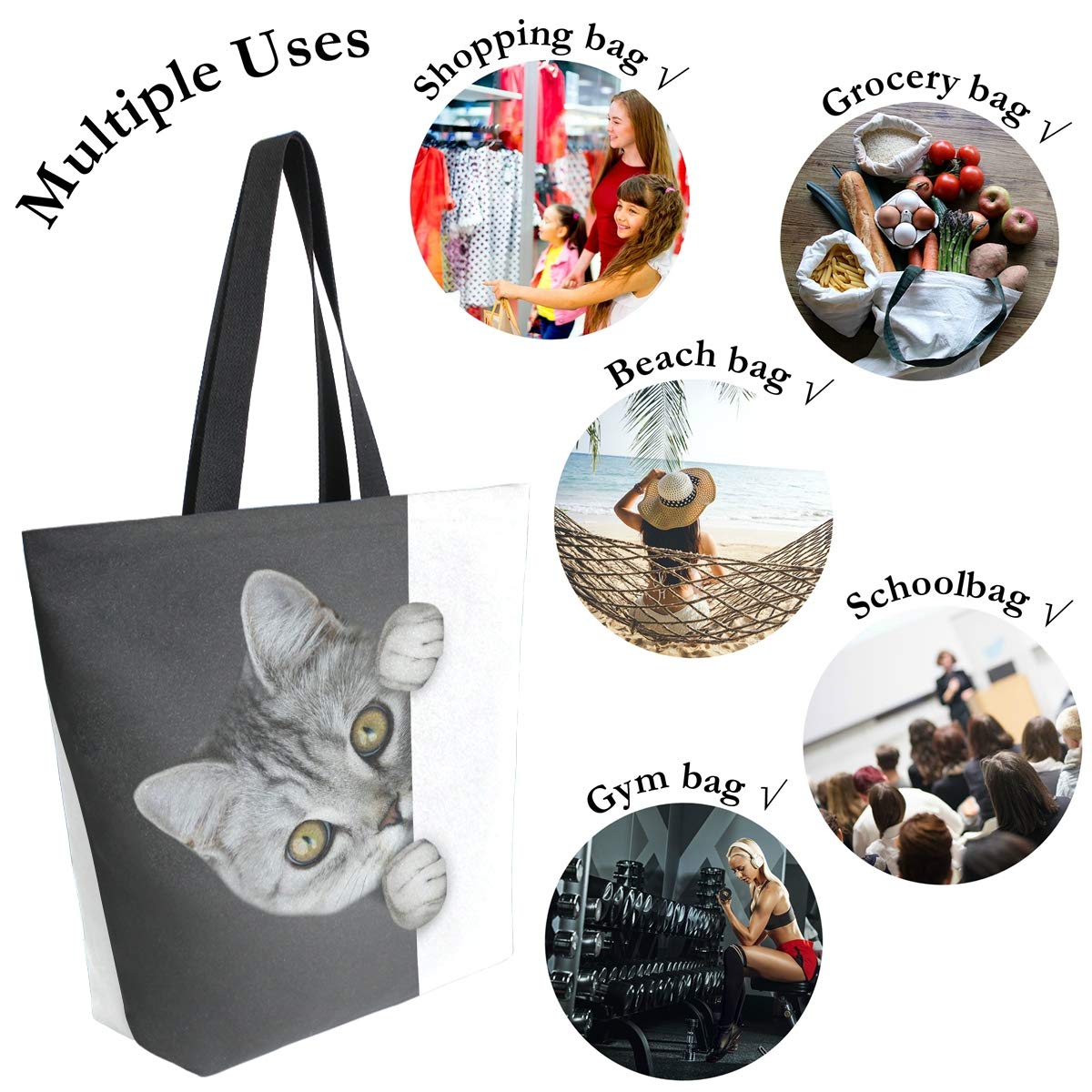 Naanle Funny Cat Canvas Tote Bag Large Women Casual Shoulder Bag Handbag, Black And White Reusable Multipurpose Heavy Duty Shopp
